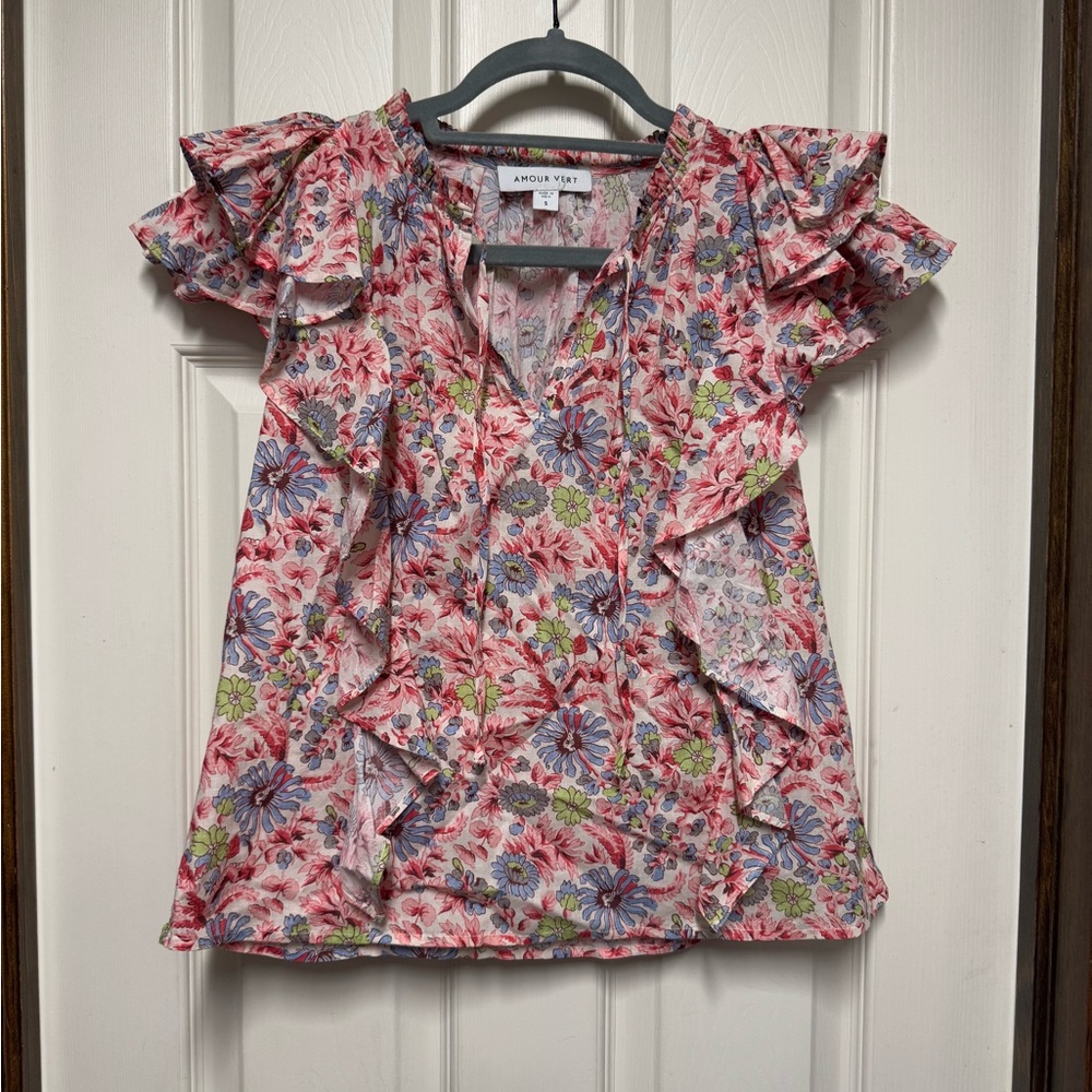 Amour Vert Floral Ruffle Blouse - marseille red